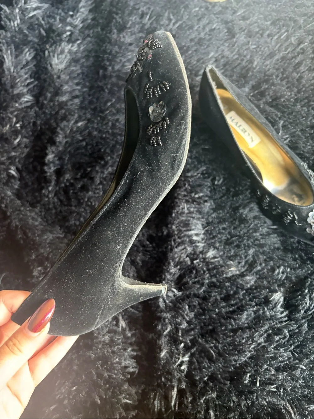 Black Pointed Toe Embellished Floral Heels